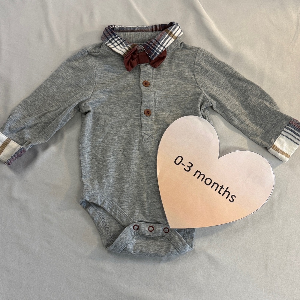 Max Studio - Grey Long Sleeve Baby Onesie Top with Plaid Collar